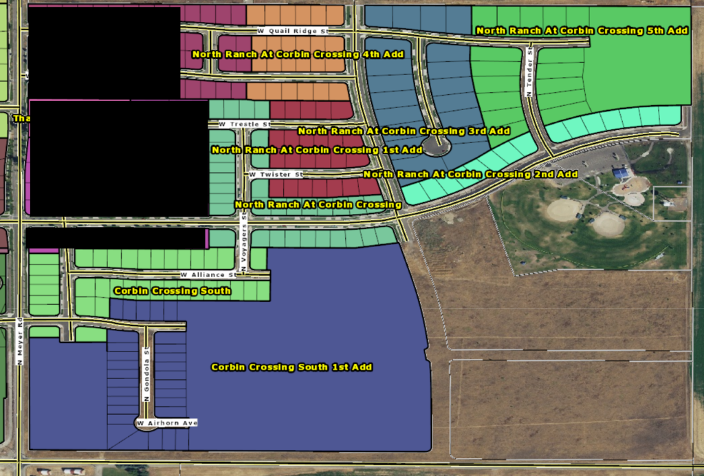 Aerial plat map of Corbin Crossing Subdivision in Rathdrum Idaho